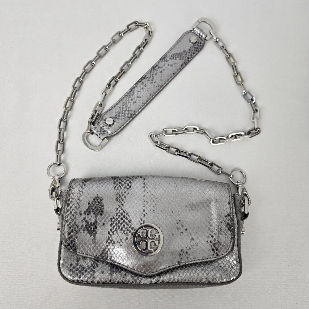 Tory Burch Silver Leather Snake Print Crossbody Mini Bag